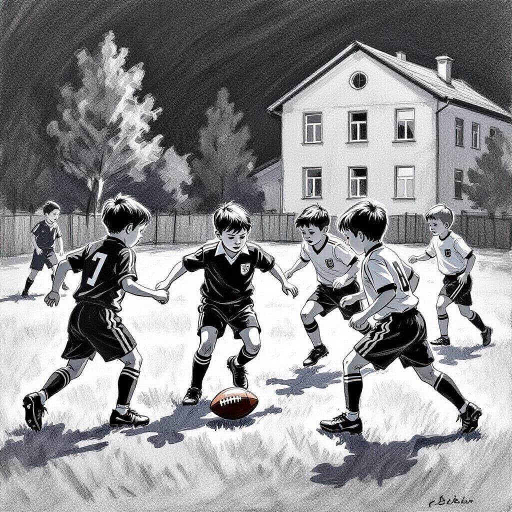 Children Playing Football, Expressive Pencil Sketch
