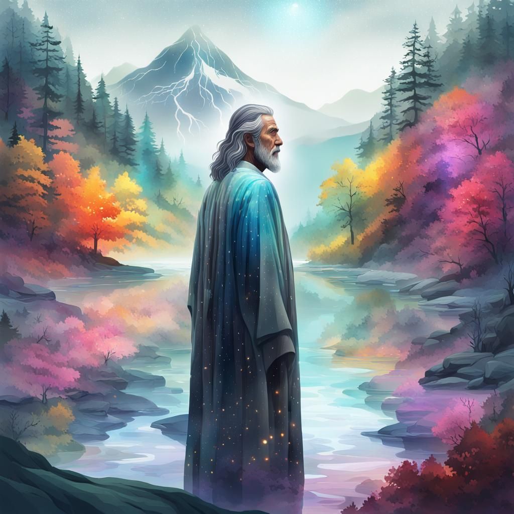 Mystical Man with Flowing Mullet in Dreamlike Double Exposur...