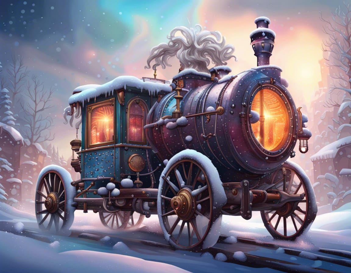 An old time carriage in a winter wonderland.