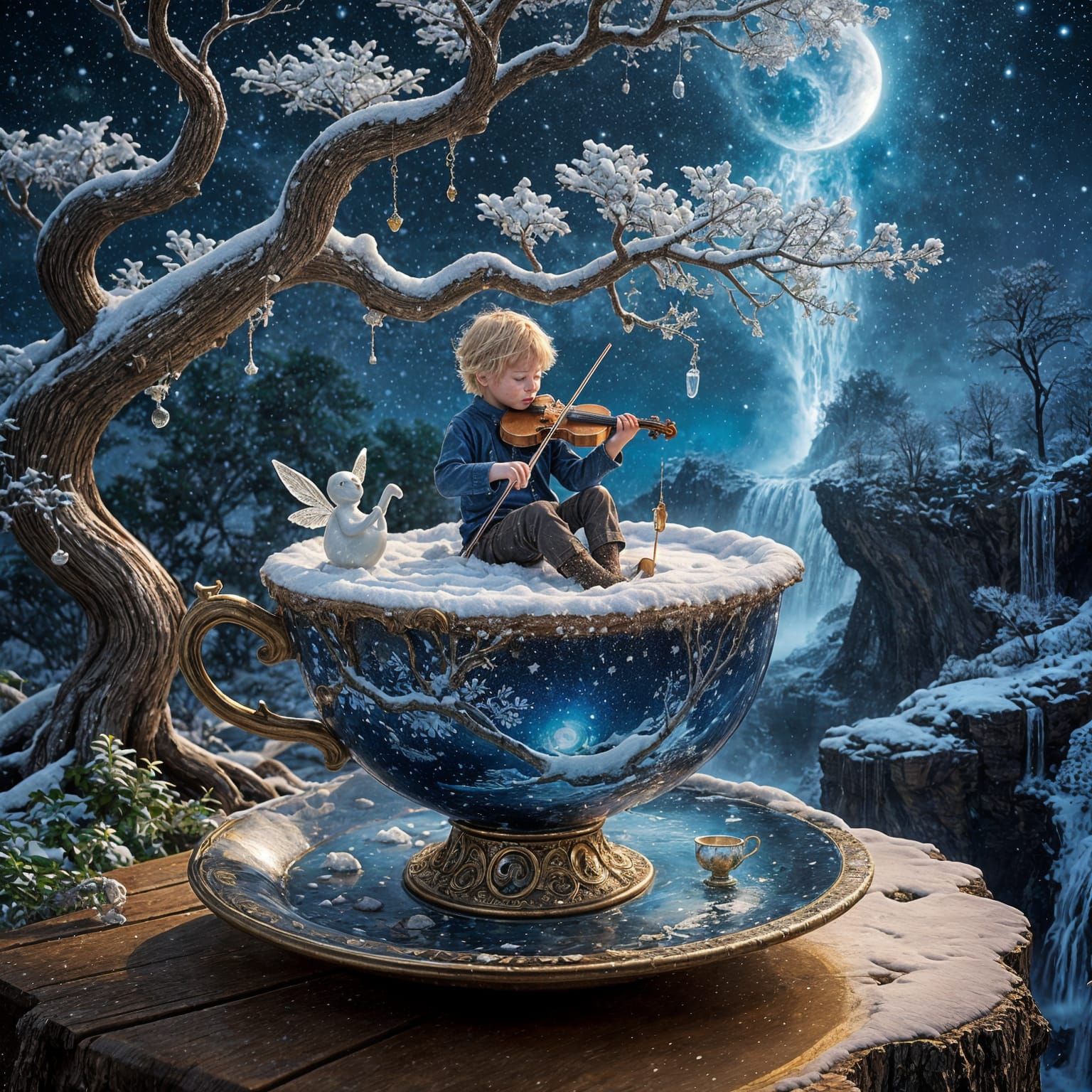 Boy Plays Violin on Teacup Amidst Magical Winter Scene