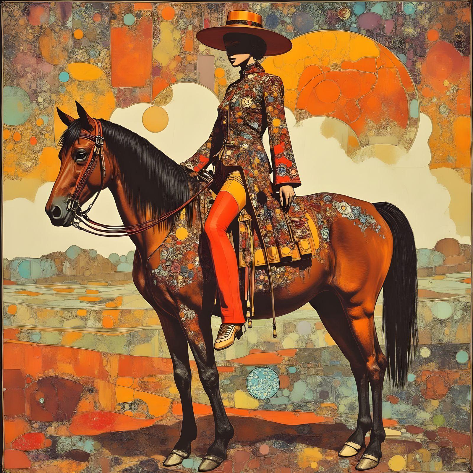 Cowgirl in Vibrant Stained Glass Landscape