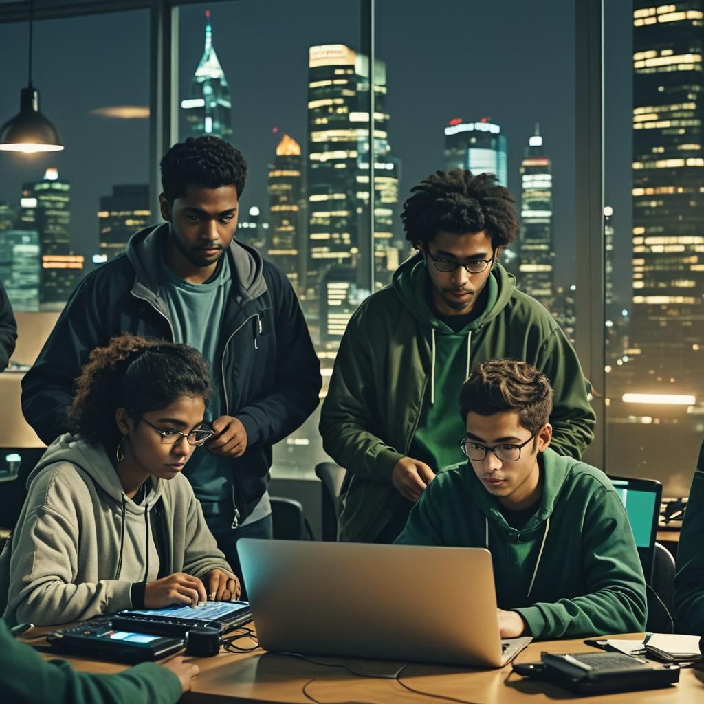 Diverse Coders in Dimly Lit Hackathon Room