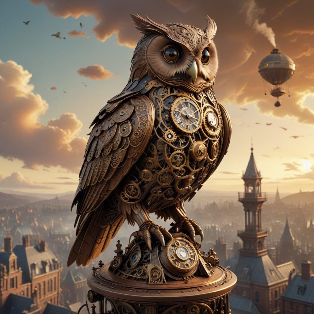 Clockwork Owl On Automaton Over Victorian City In Steampunk ...
