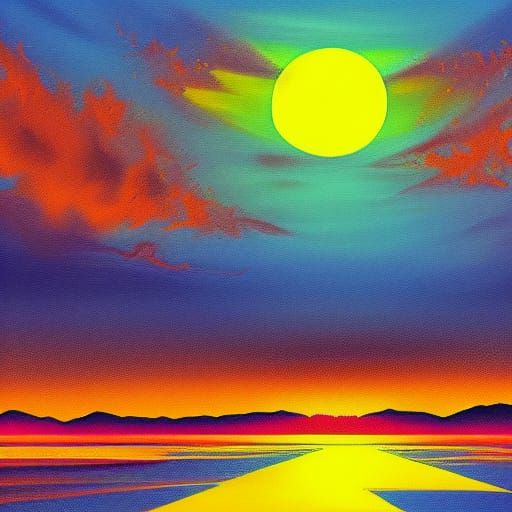 Sci-Fi Ocean City Sunset in Retro Synthwave Style