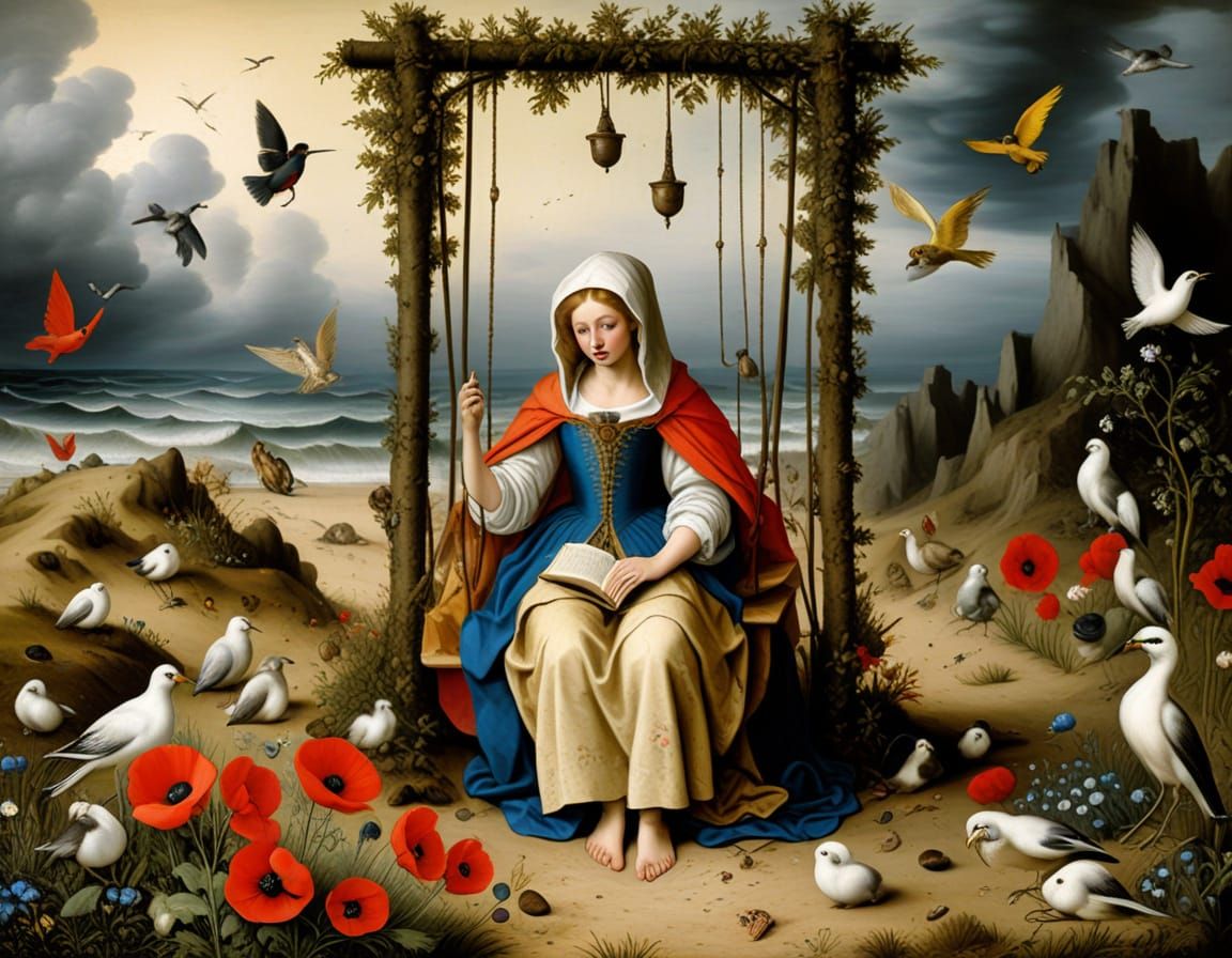 Symbolist Oil Painting with Poppy Birds and Figures