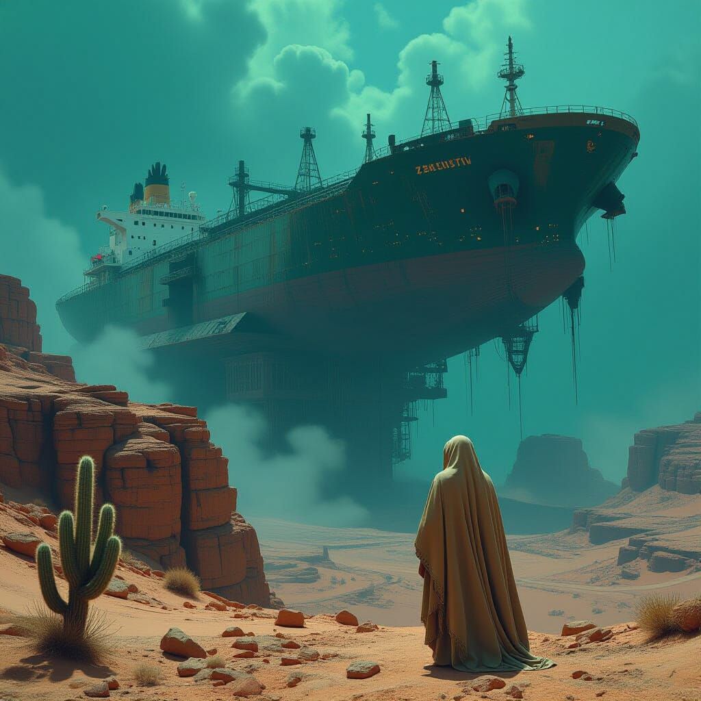 Colossal Derelict Tanker in Bioluminescent Desert