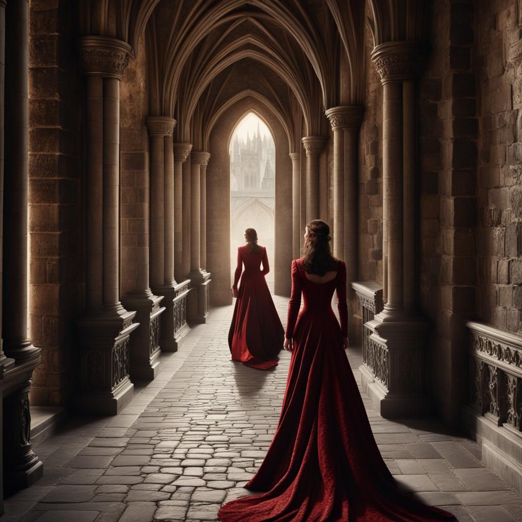 Two beautiful women walking down the hallway of medieval castle