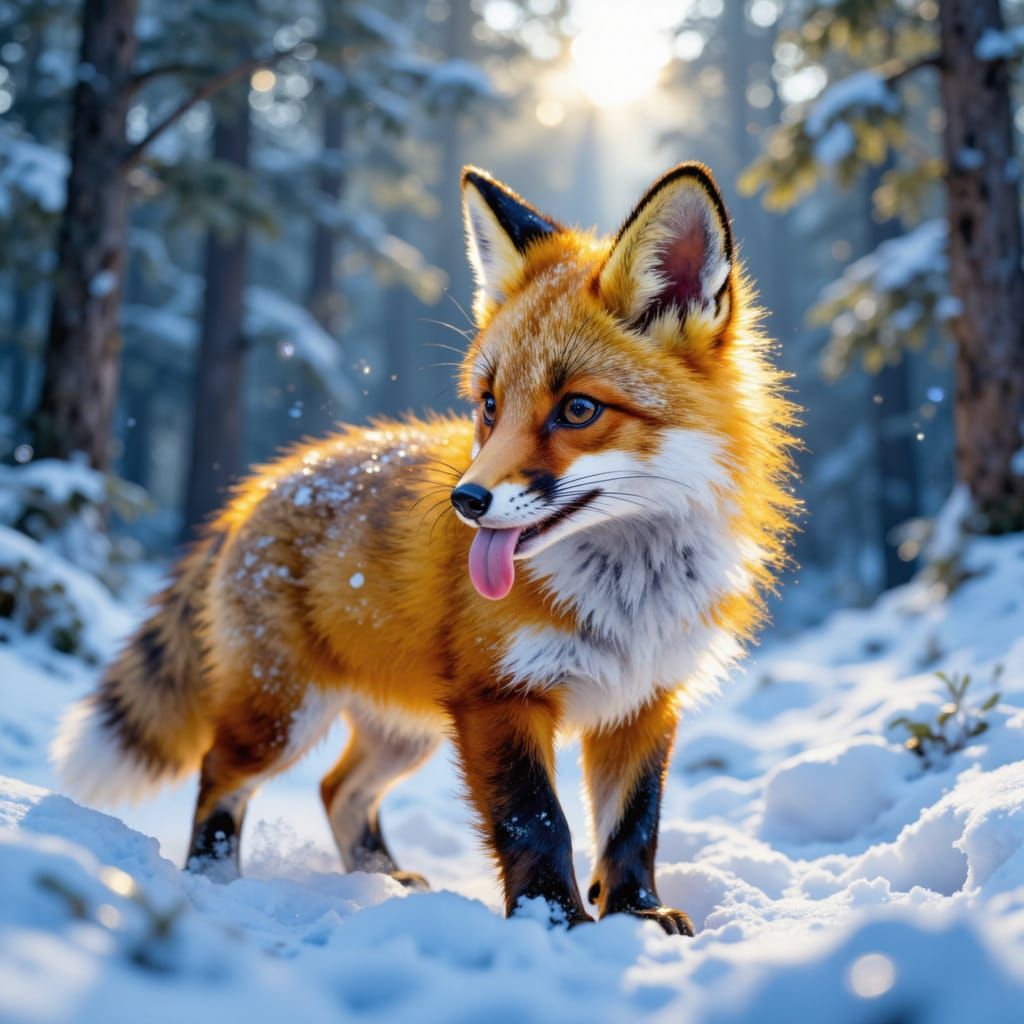 Beautiful Fox Licking Paw in Snowy Forest