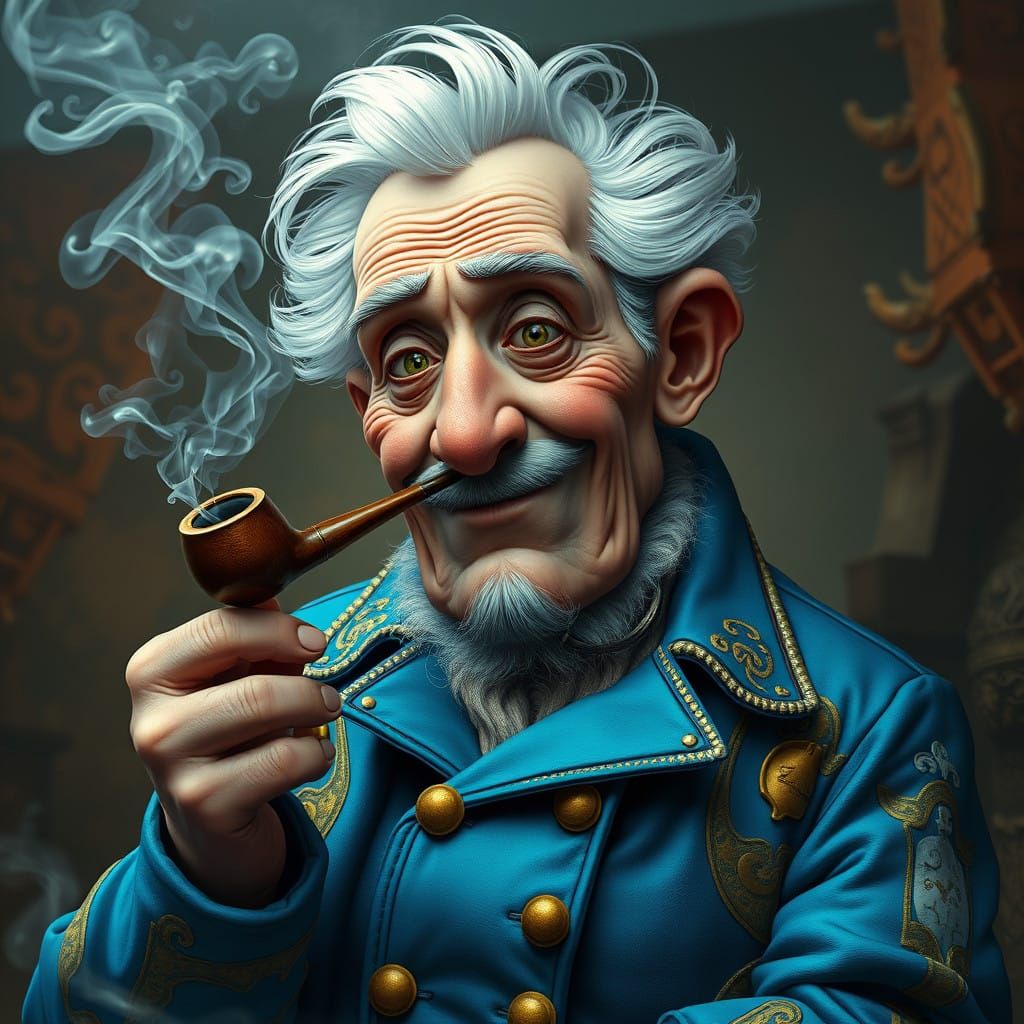 Whimsical Grandfather Smokes Pipe in Fantastical Realm