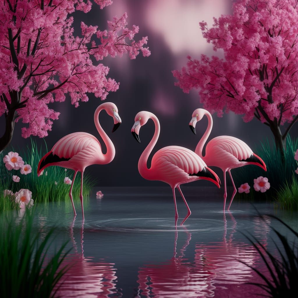 Flamingos in Pond: Detailed Matte Painting