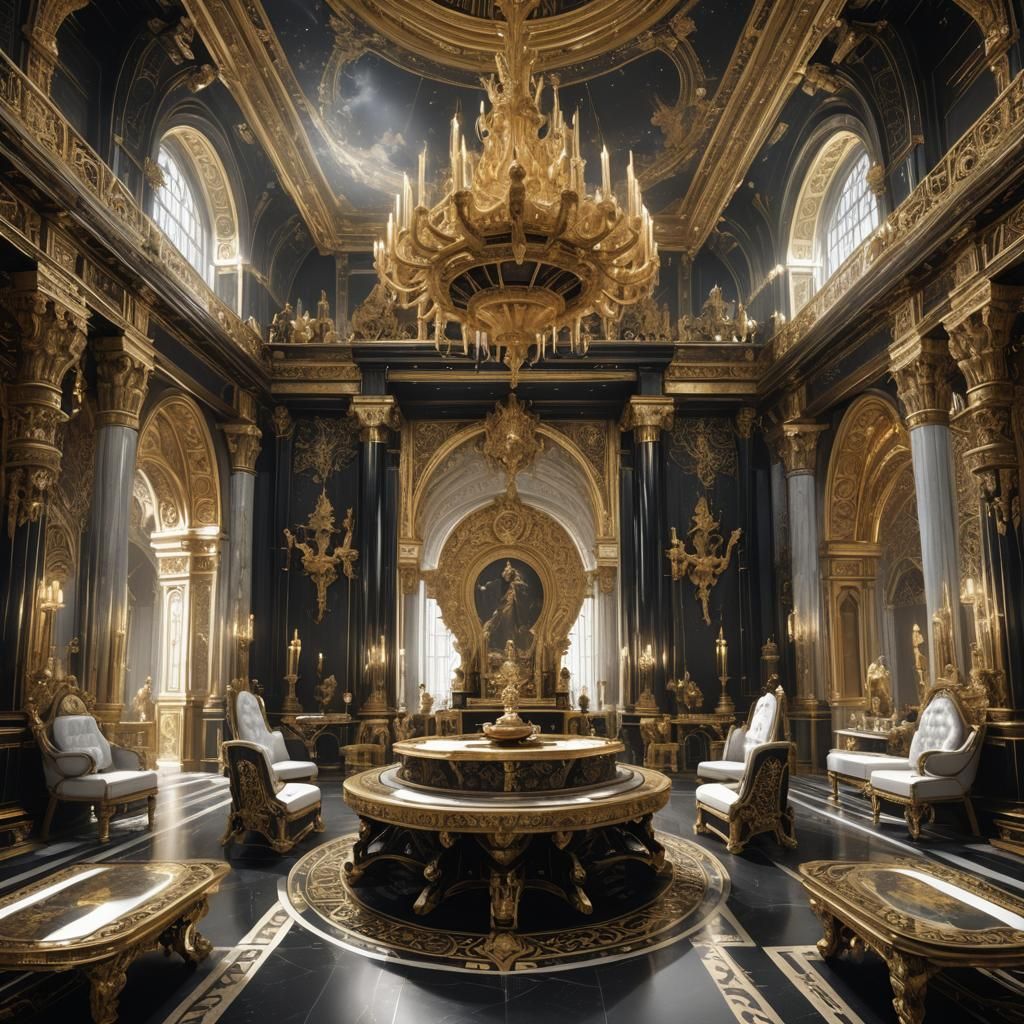 Ornate Throne Room in Black, White, and Gold