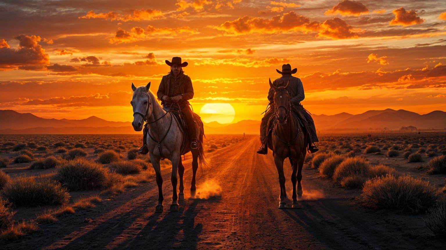 Cowboys Ride into Desert Sunset in Wild West