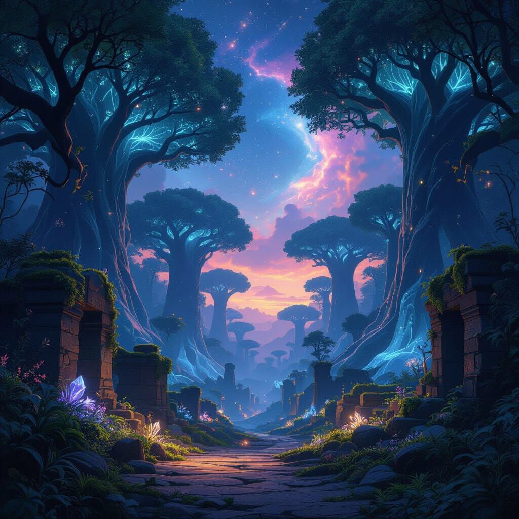 Bioluminescent Forest With Crystal Trees and Nebulae Sky