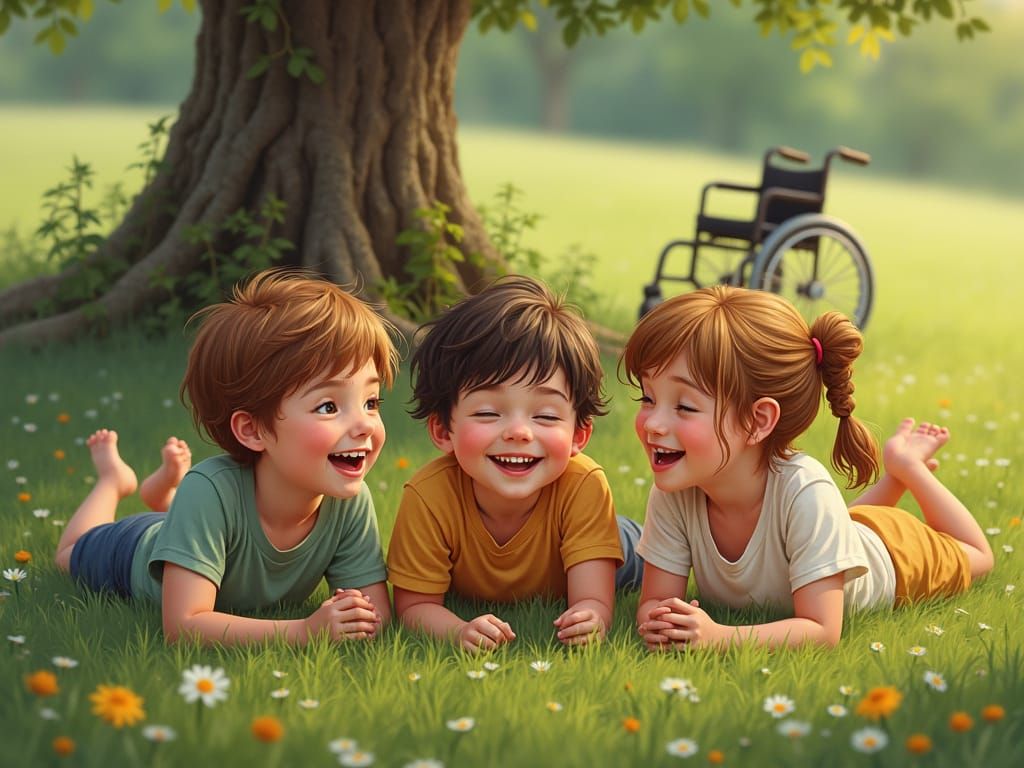 Boy Laughing with Siblings in Grassy Meadow
