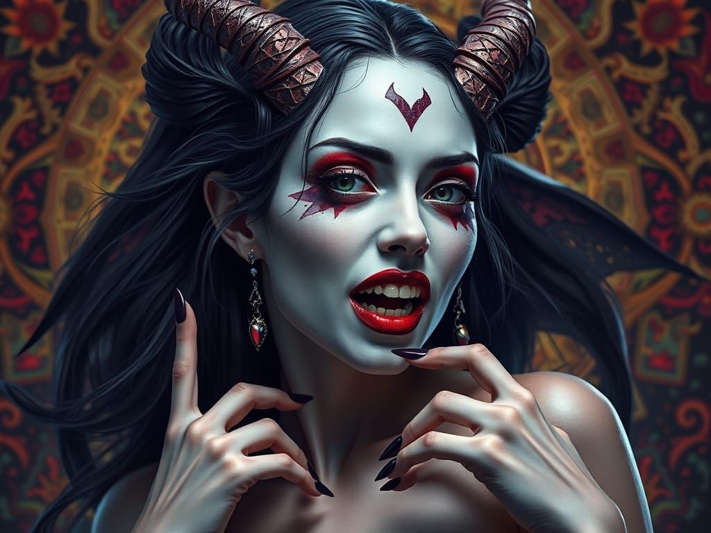 Seductive Horned Vampiress Portrait in Hyperrealistic Style