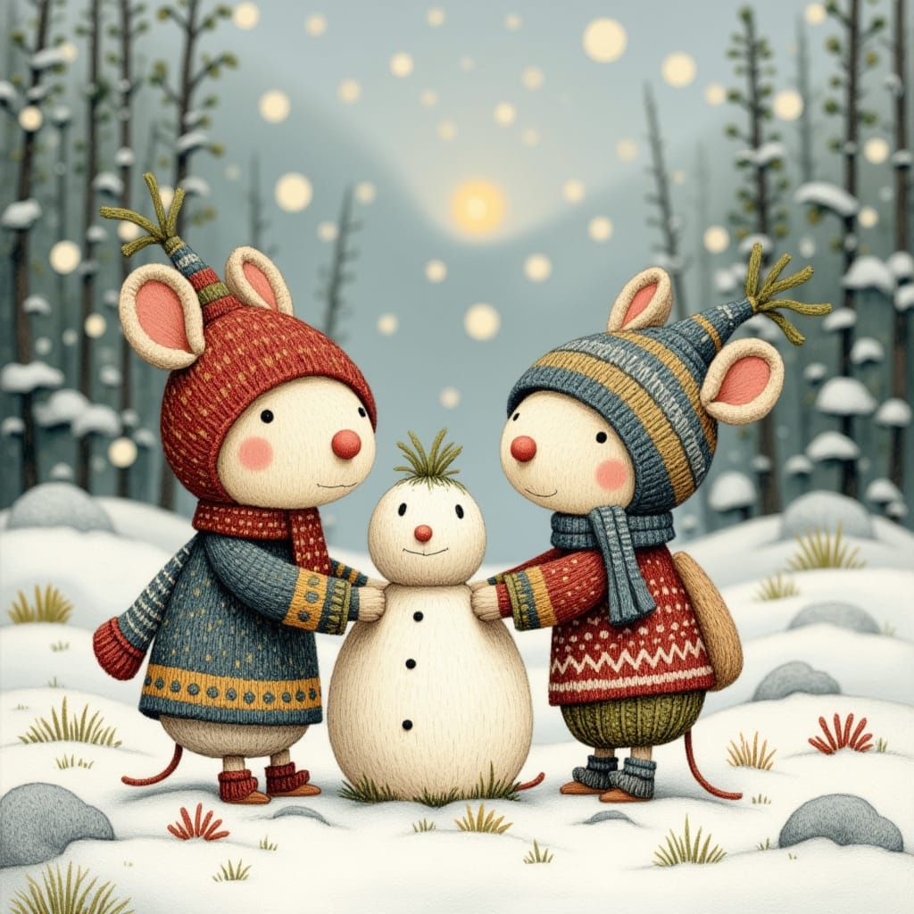 Charming Mice Build Snowman in Snowy Woodland