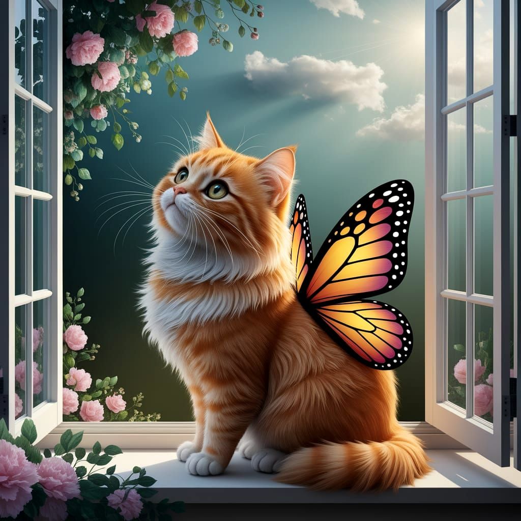 Whimsical Feline Angel on a Sunlit Windowsill