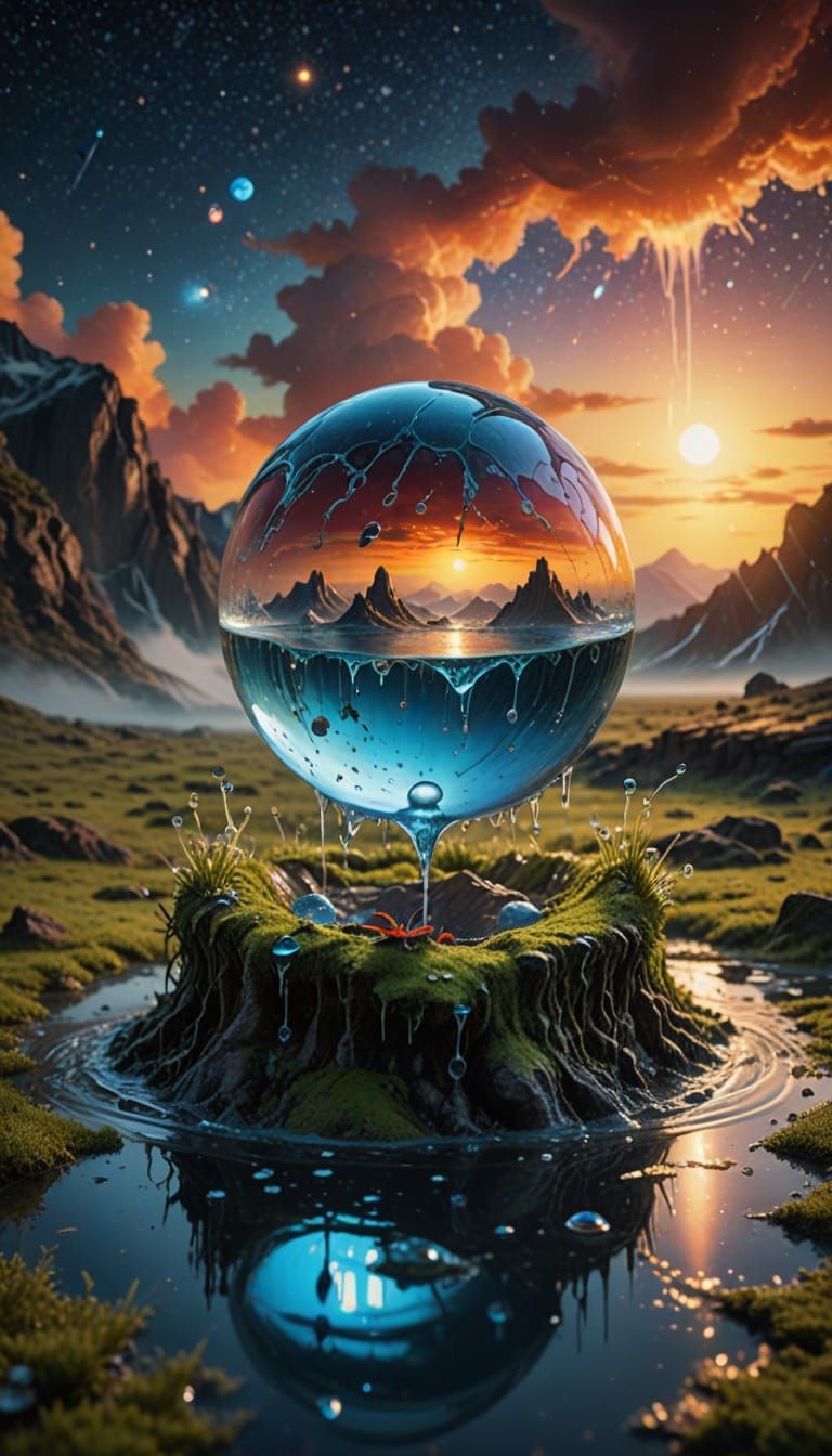 Surreal Fantasy Diorama in Dewdrop Macro Wonderland