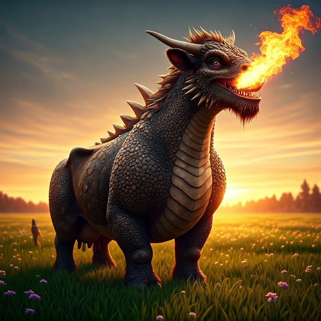Majestic Dragon-Cow Hybrid Unleashes Fiery Blaze in Vibrant...