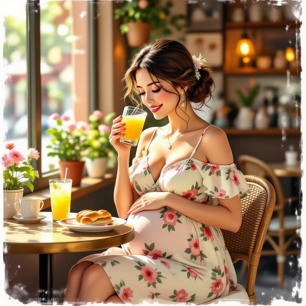 Pregnant Woman Enjoys Lunch in Cozy Cafe