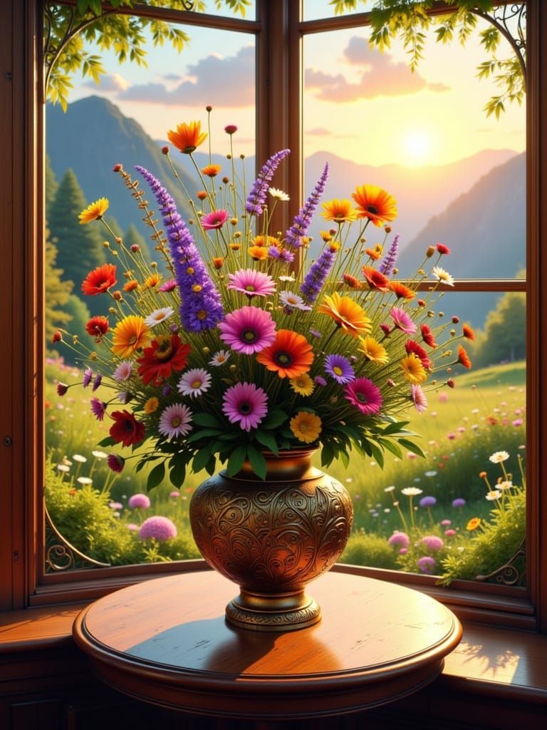 Vibrant Wildflower Bouquet in Ornate Vase, Garden View