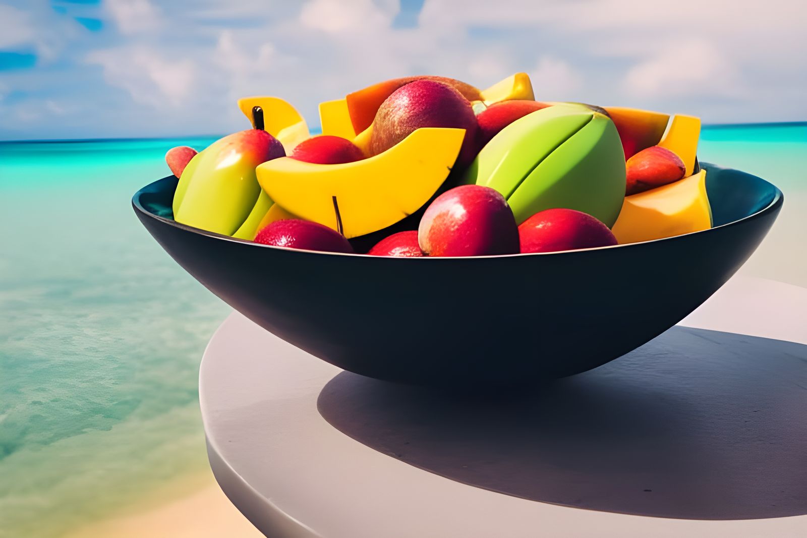 Tropical Fruit Bowl on Beachside Table