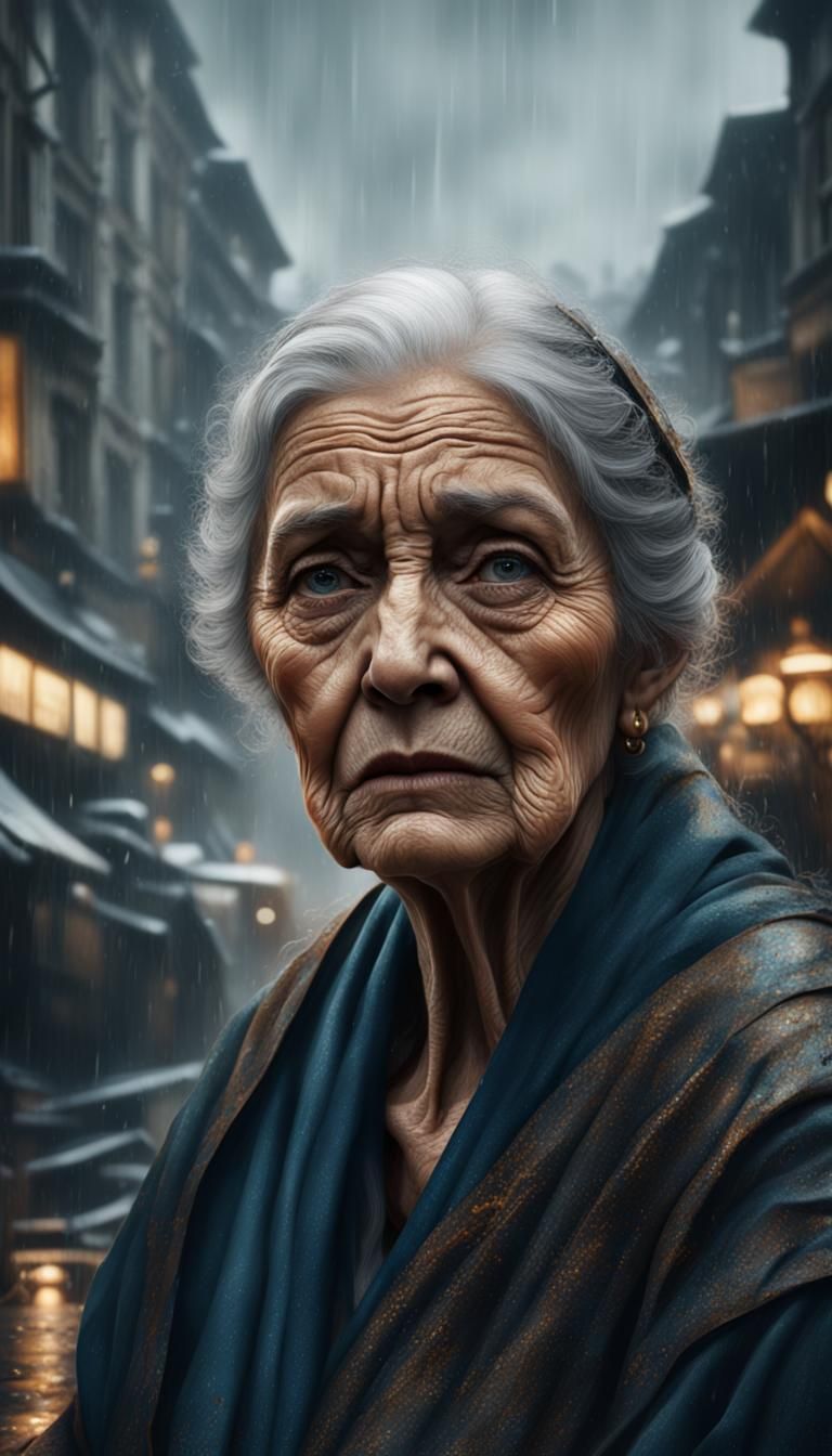 Sad Old Woman Waiting on Rainy Street
