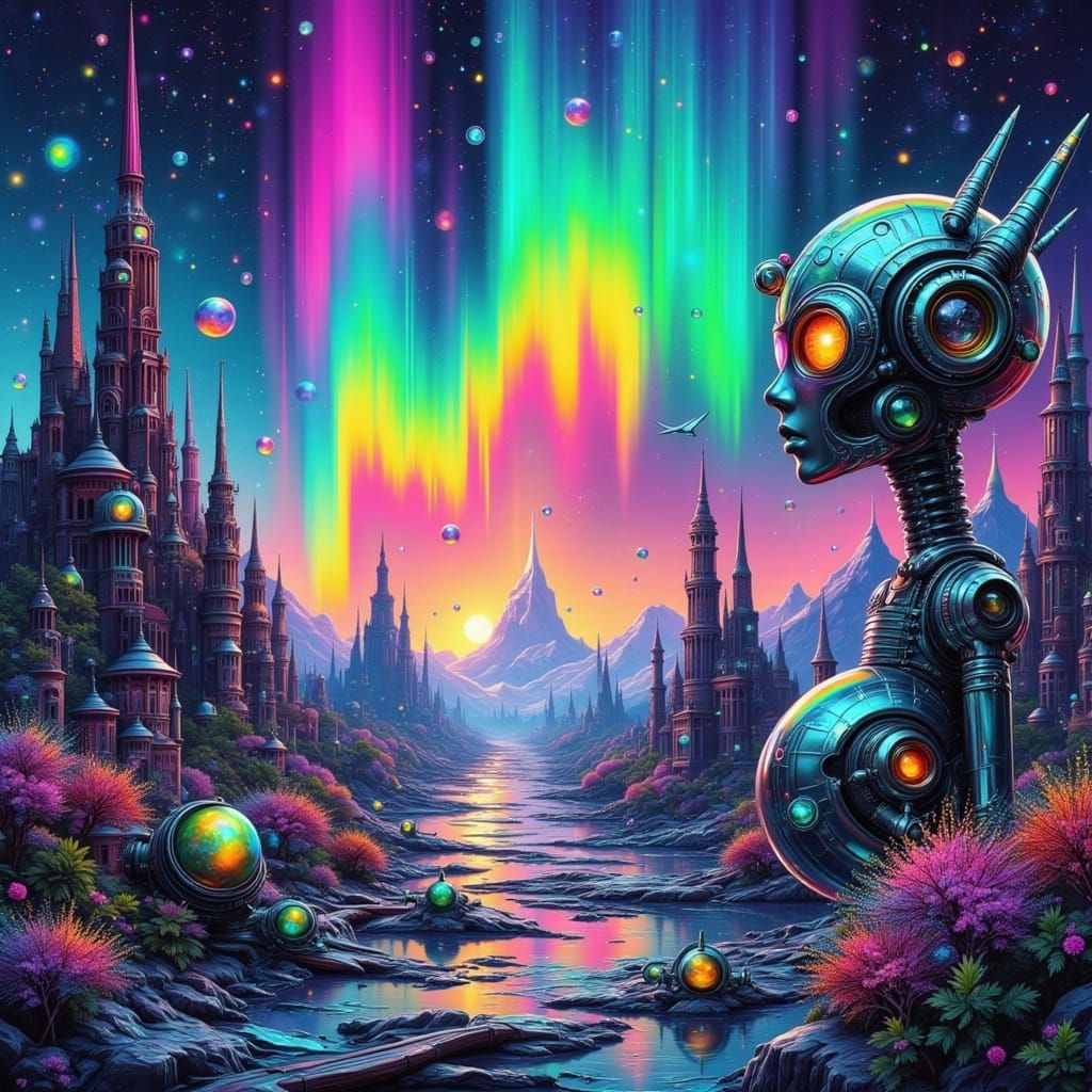Surreal Futuristic Fae in a Neon-Cyberpunk Landscape