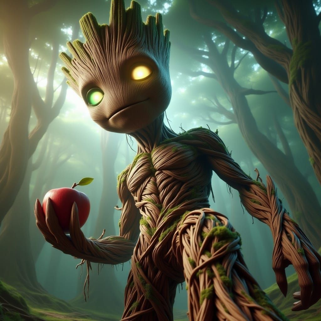 Whimsical Cinematic Portrait of Groot in Surreal Landscape