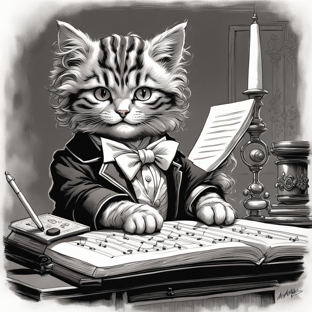 Tabby Kitten as Beethoven in Tenniel Style