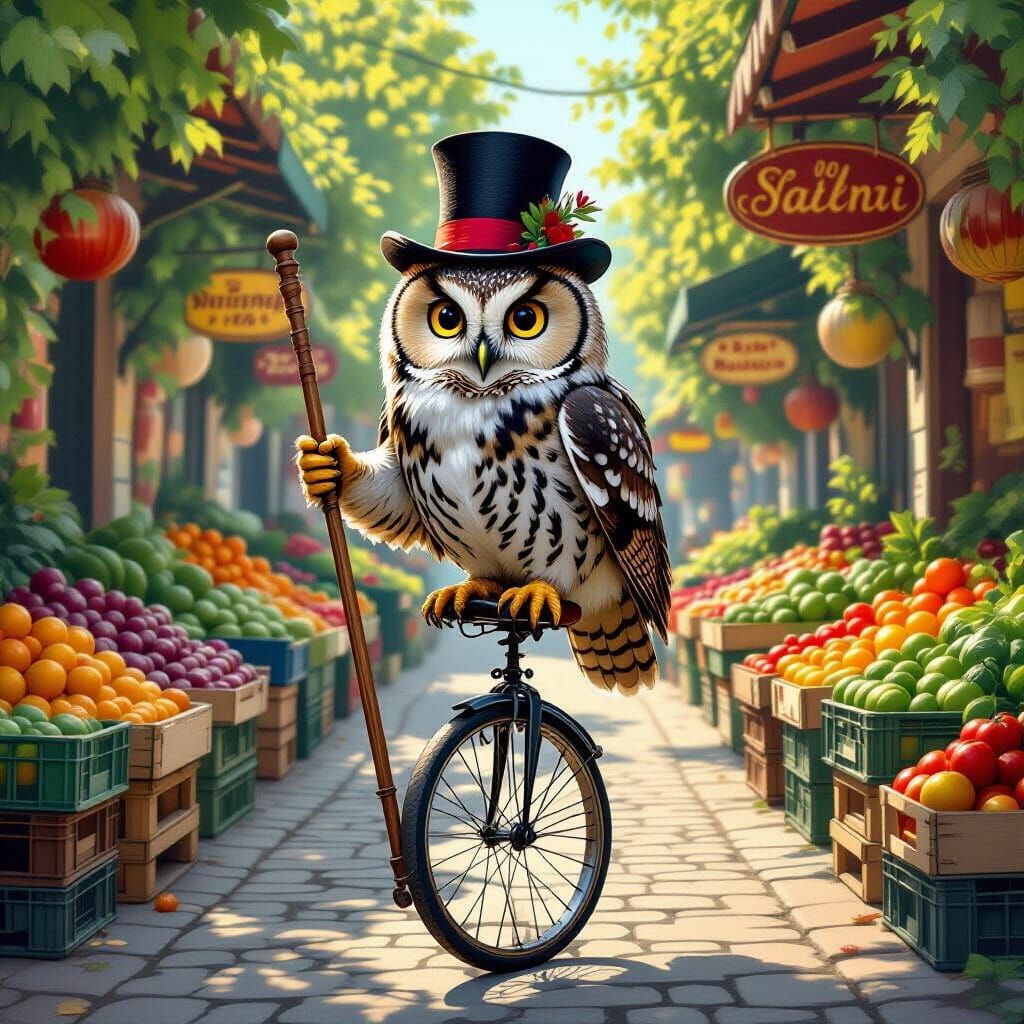 One-Eyed Owl Unicycling Through Vegetable Market