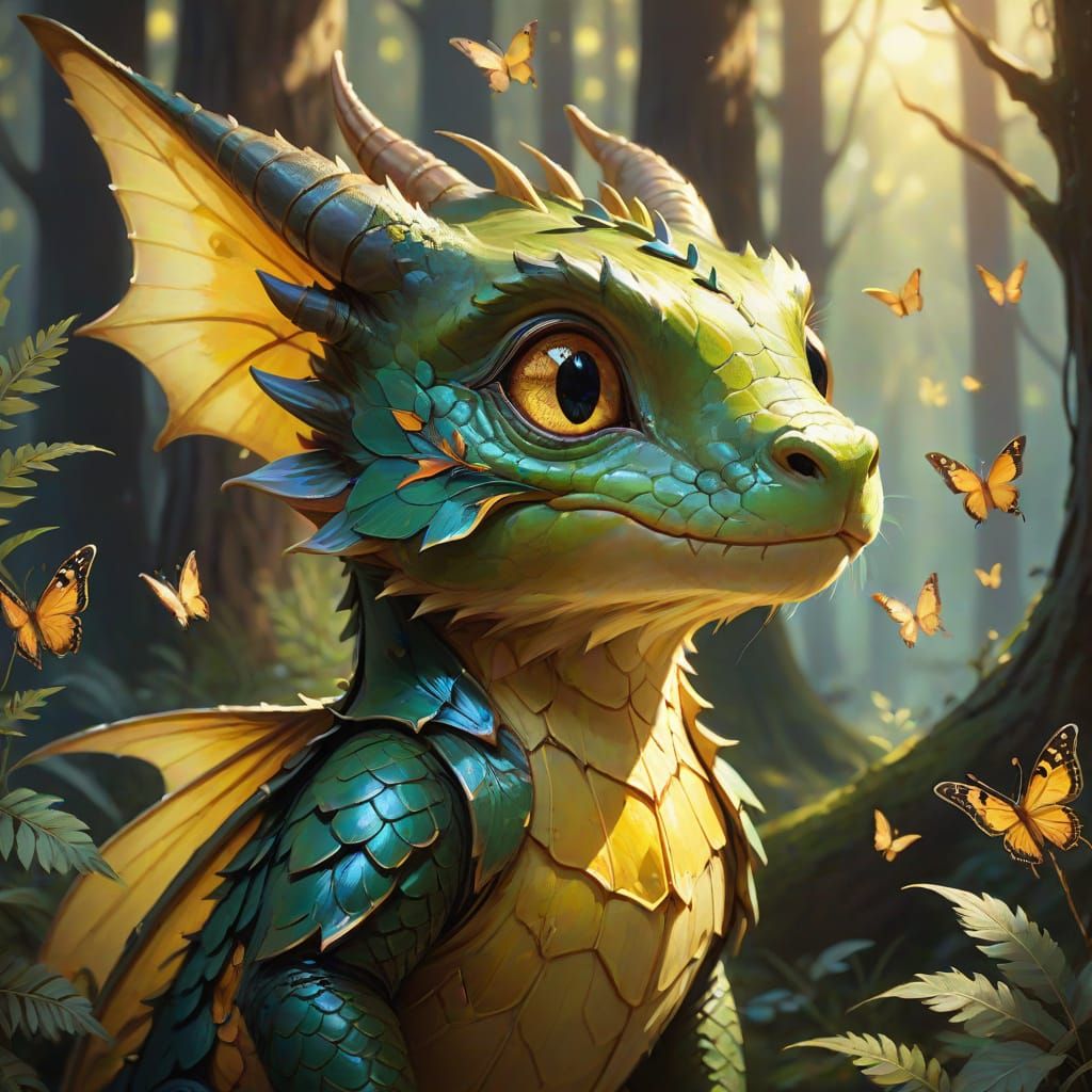 Dragon and Butterflies Oil Painting in Waterhouse Style