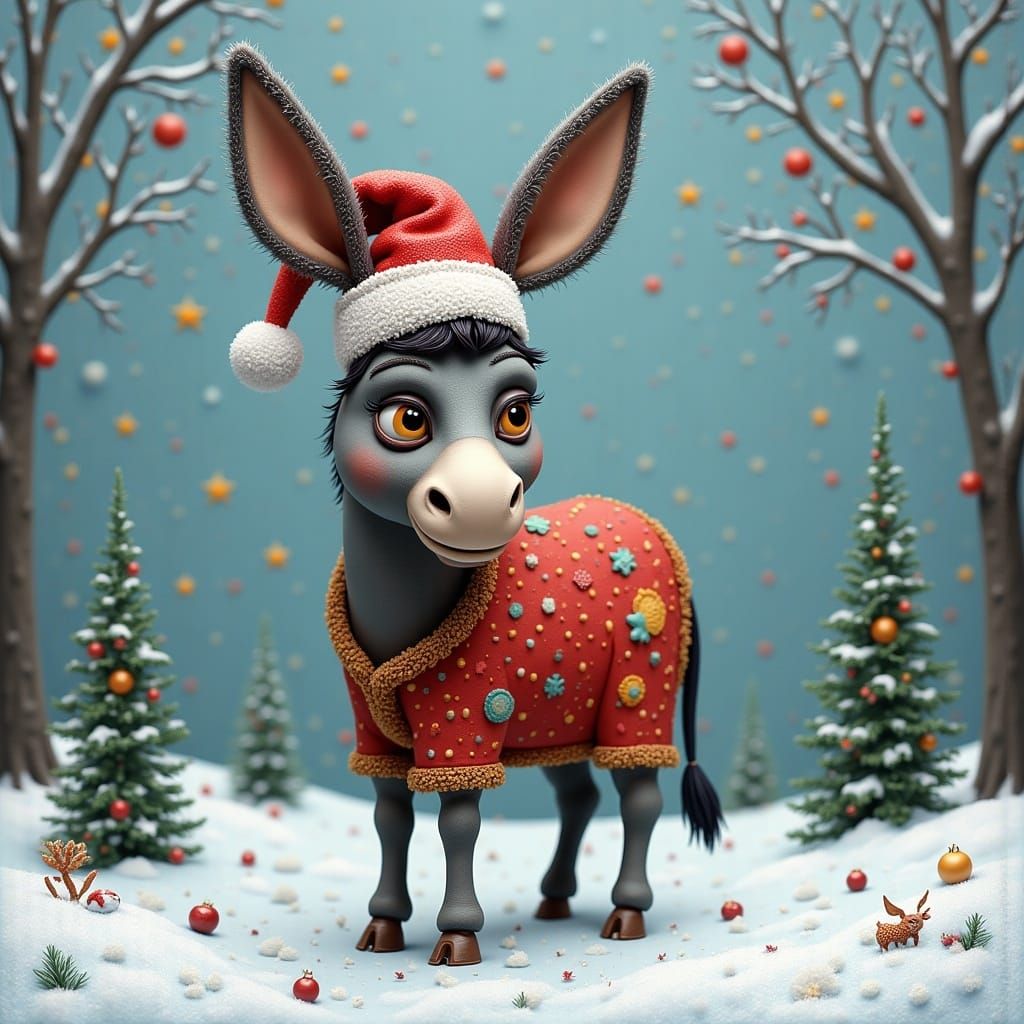 Joyful Donkey in Winter Wonderland Scene