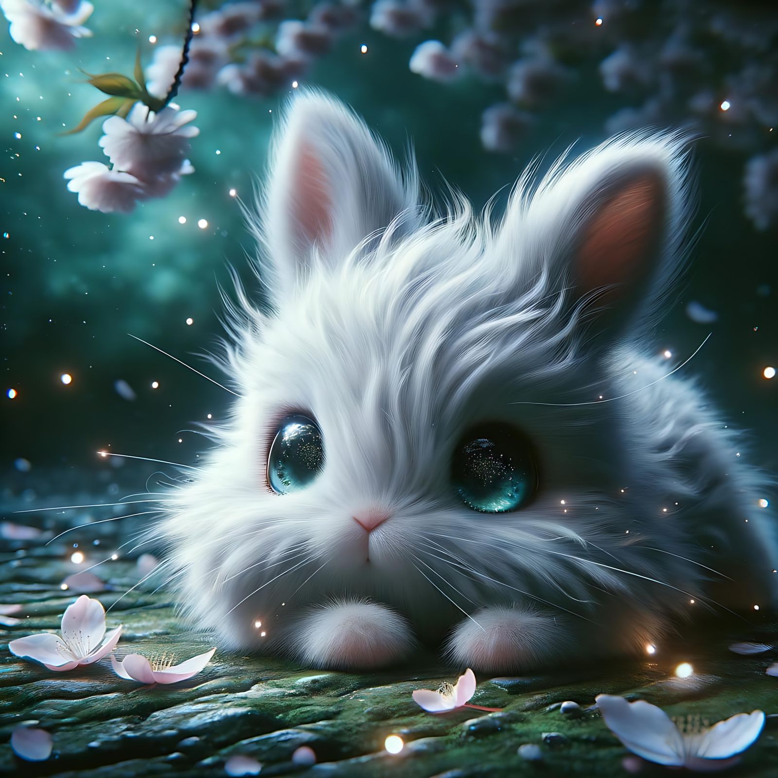 Adorable White Bunny Under Sakura Petals, Digital Art