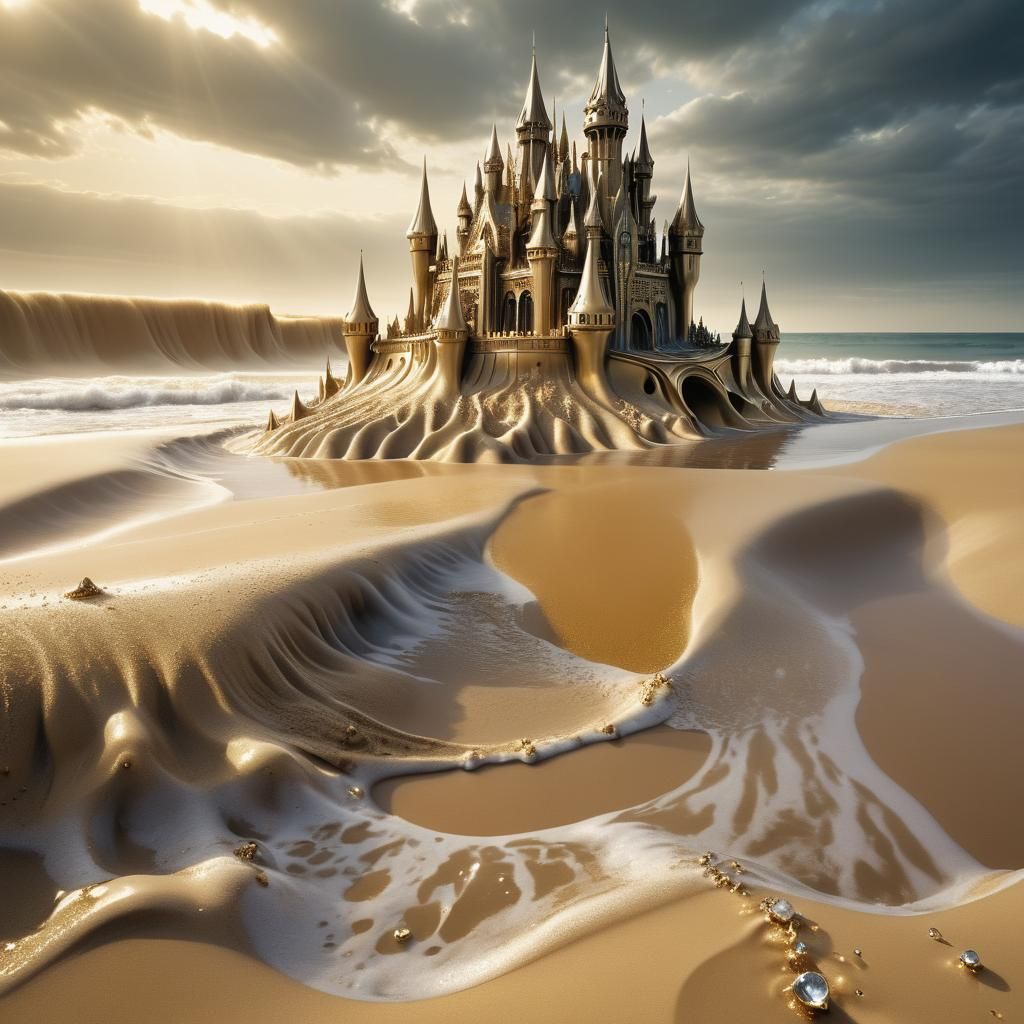 Gold Sandcastle with Diamond Moat: Surreal Digital Art