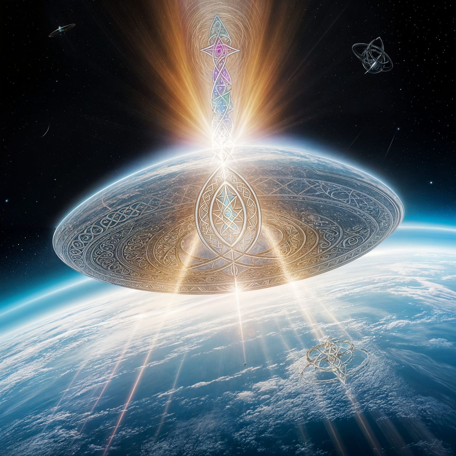 Celestial Healer: Iridescent Flying Saucer in Triquetra Desi...