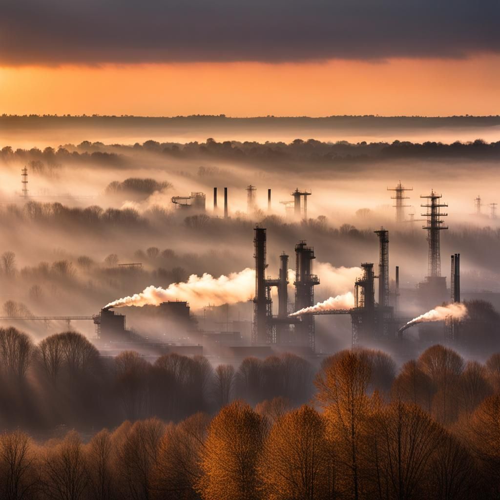 Photo-Realistic Refinery at Sunset with Fog