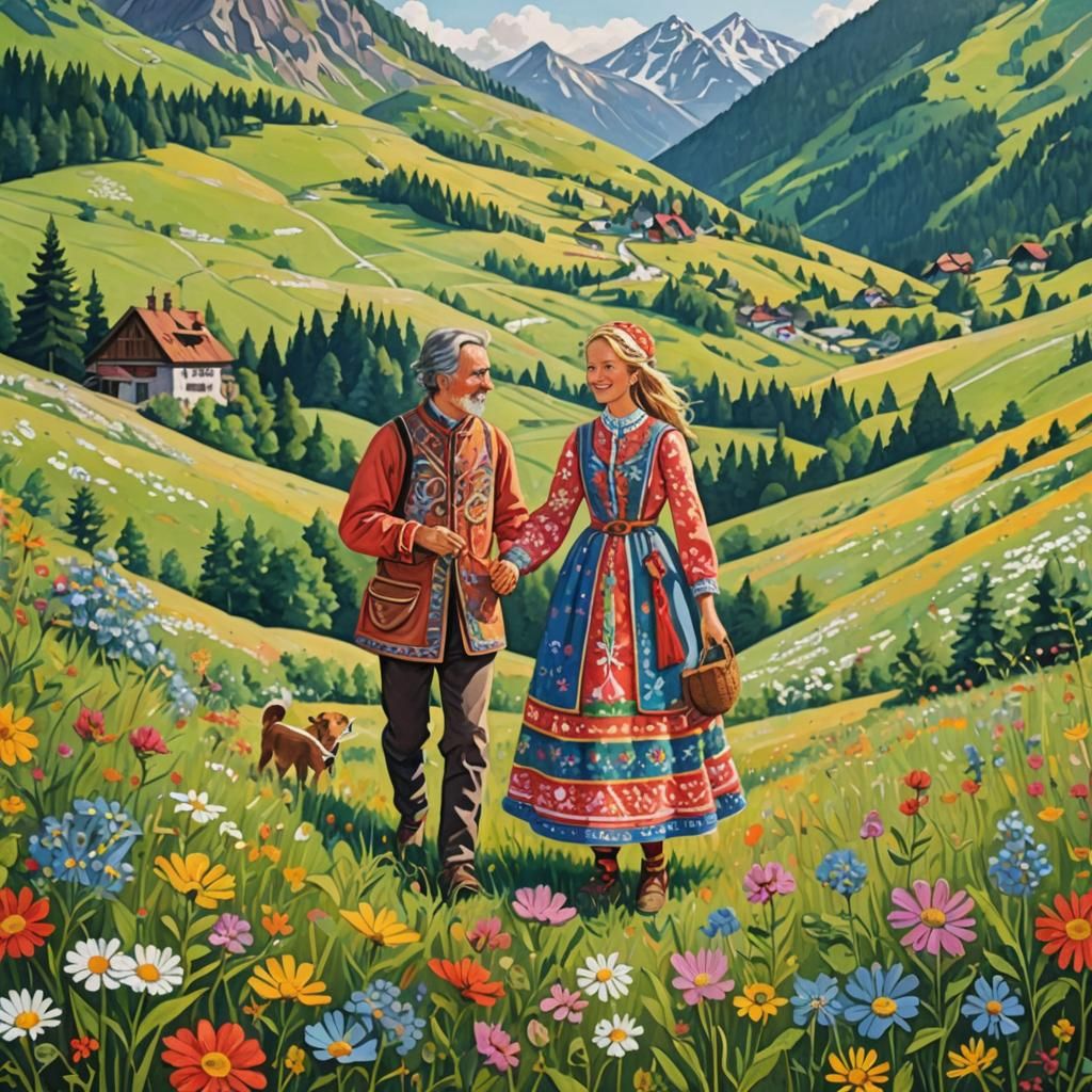 Heidi and Peter in Mountain Meadow, Gouache Painting
