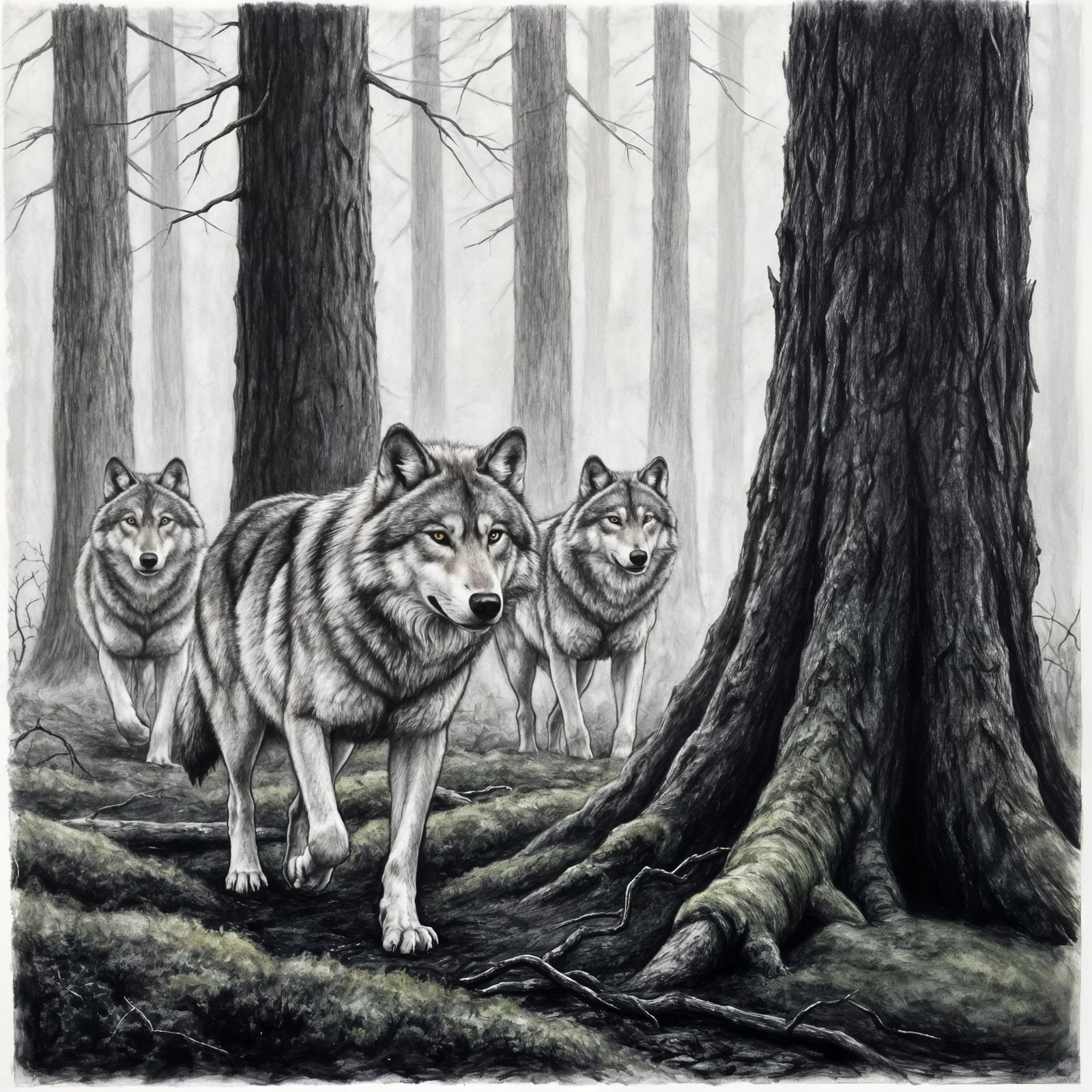 Expressive Charcoal Wolves in Misty Forest