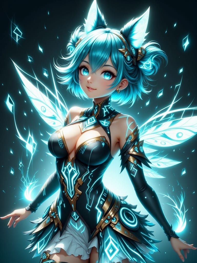 Anime, Portrait, Cheerful Kitsune winged fairy. Sapphire blu...