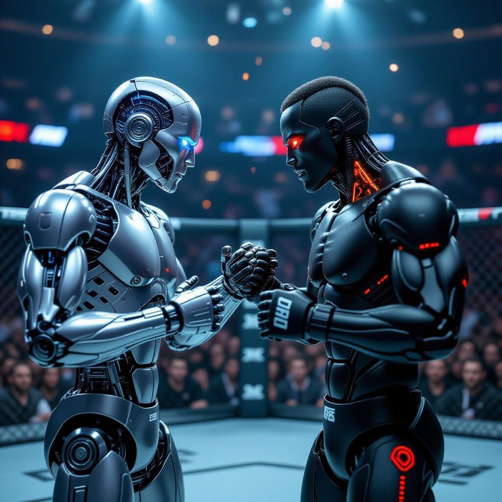 Robots Clash in UFC Cage: Hyper-Realistic Close-Up