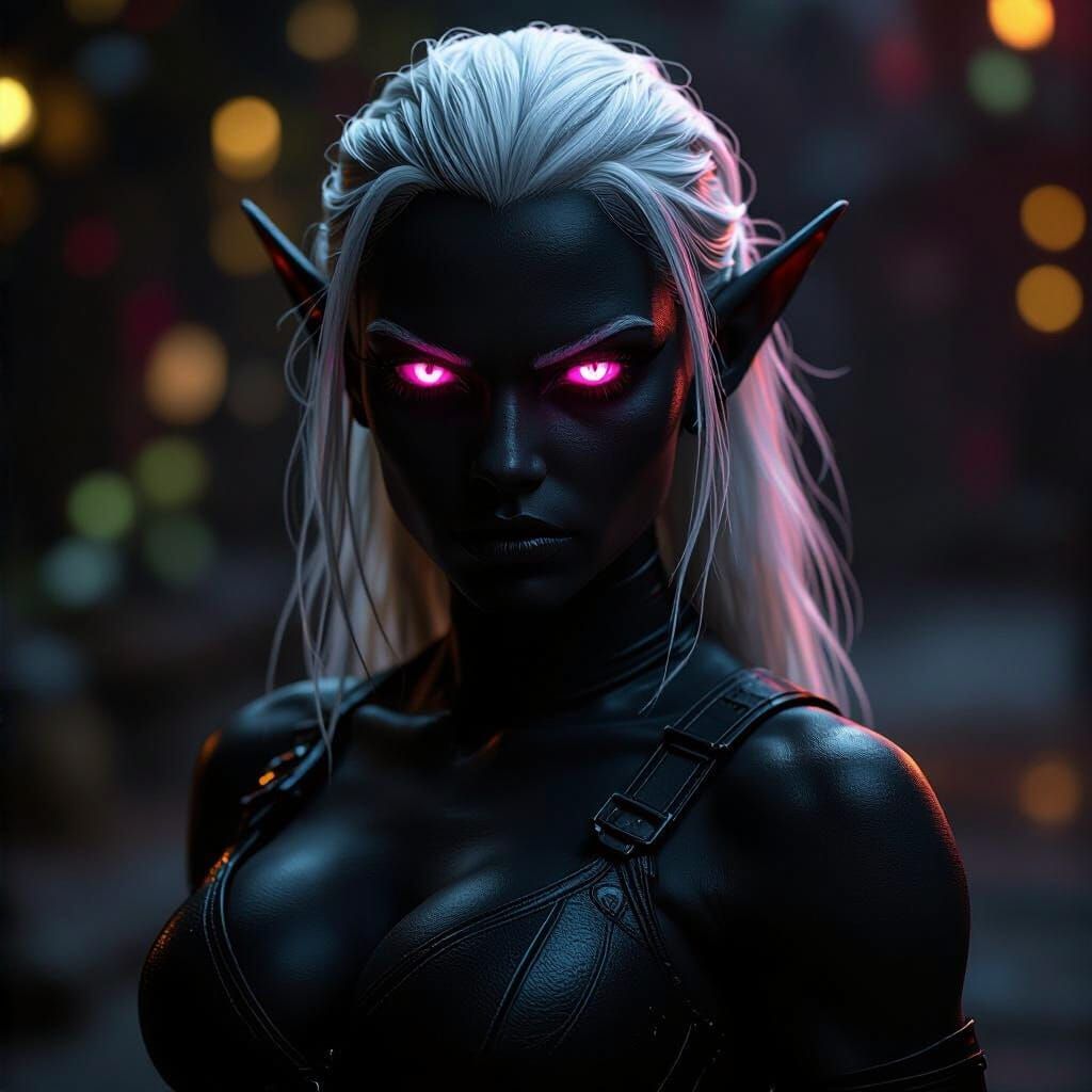 Muscle-Bound Female Elf with Pink Eyes in Cinematic Style