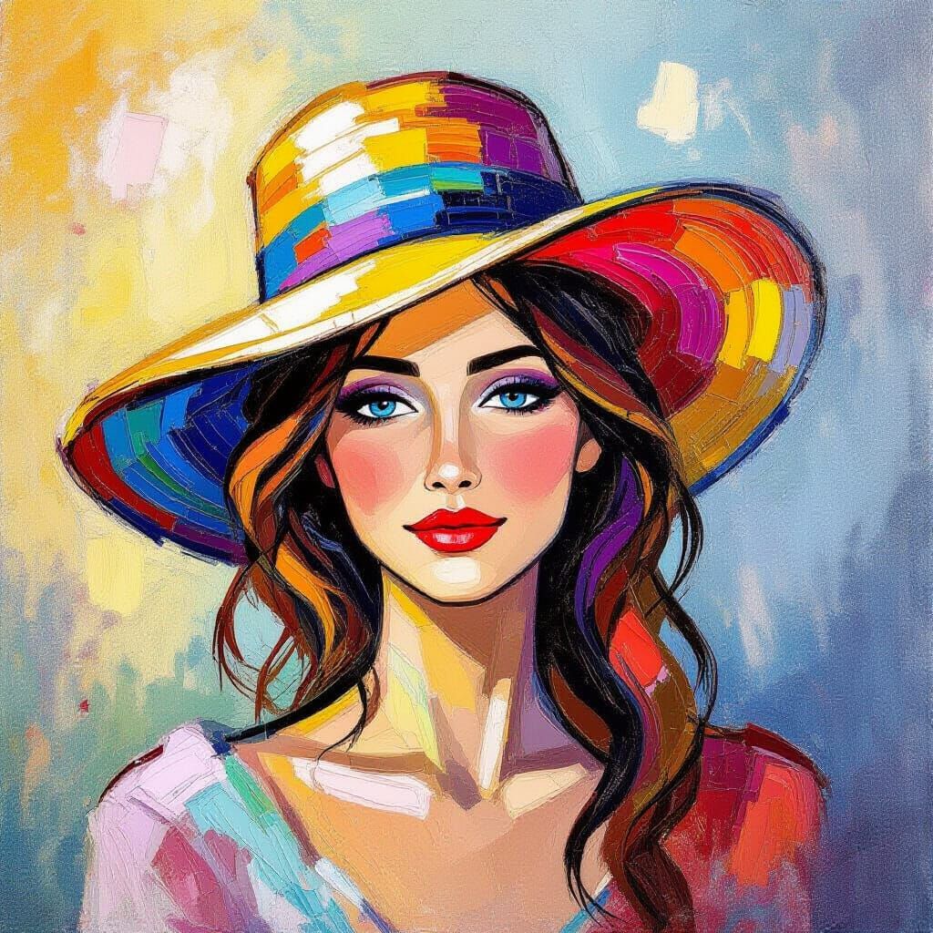 Woman With Rainbow Hat In Neo-Impressionist Style
