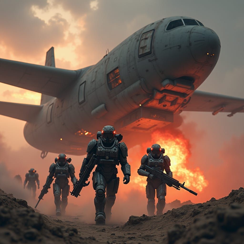 Gritty Sci-Fi Soldiers Deploy in Stormy Evening Sky