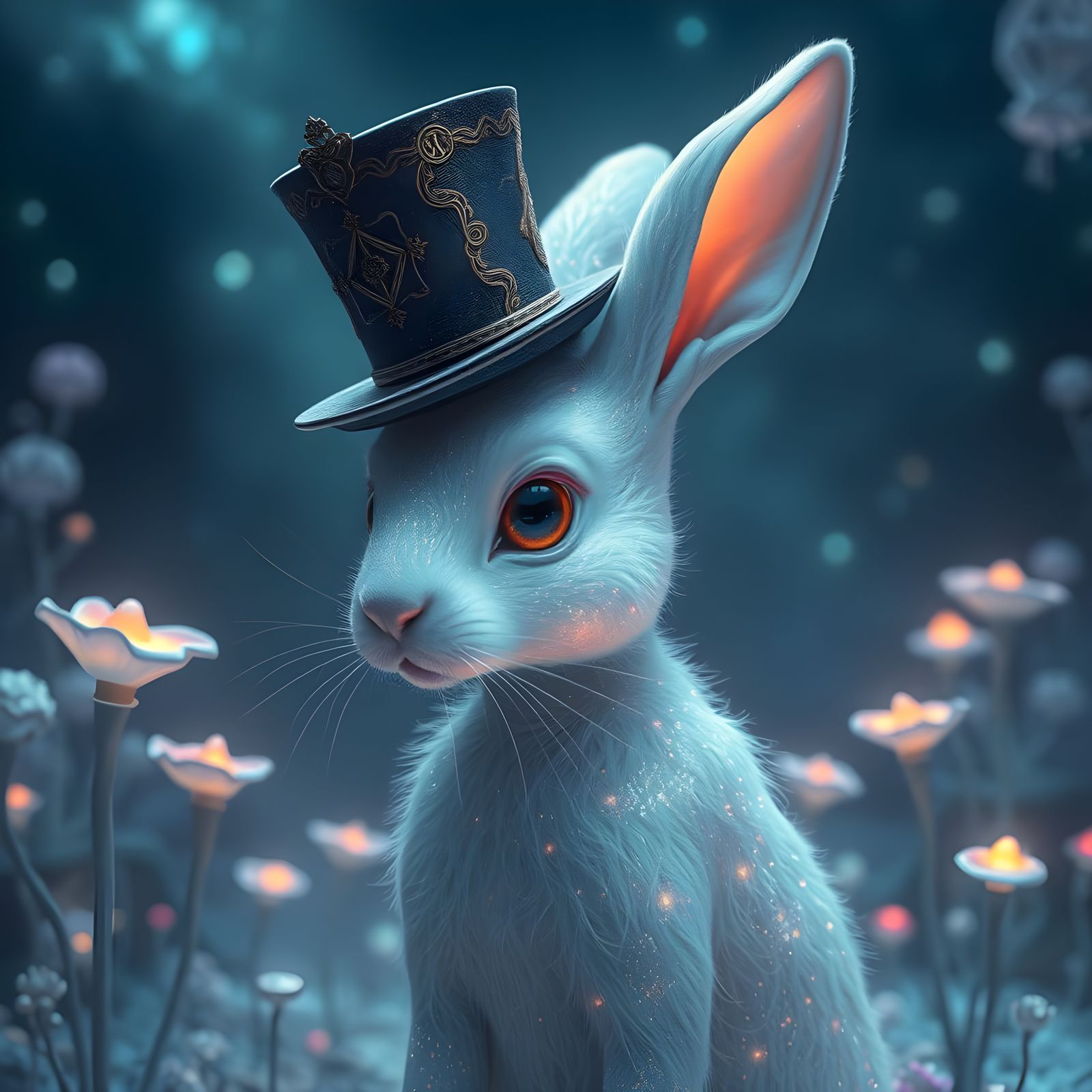 Mystical White Rabbit in Iridescent Landscape