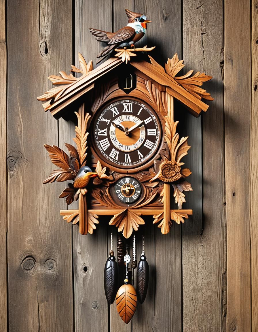 Intricate Wooden Cuckoo Clock with Bird Ornamentation