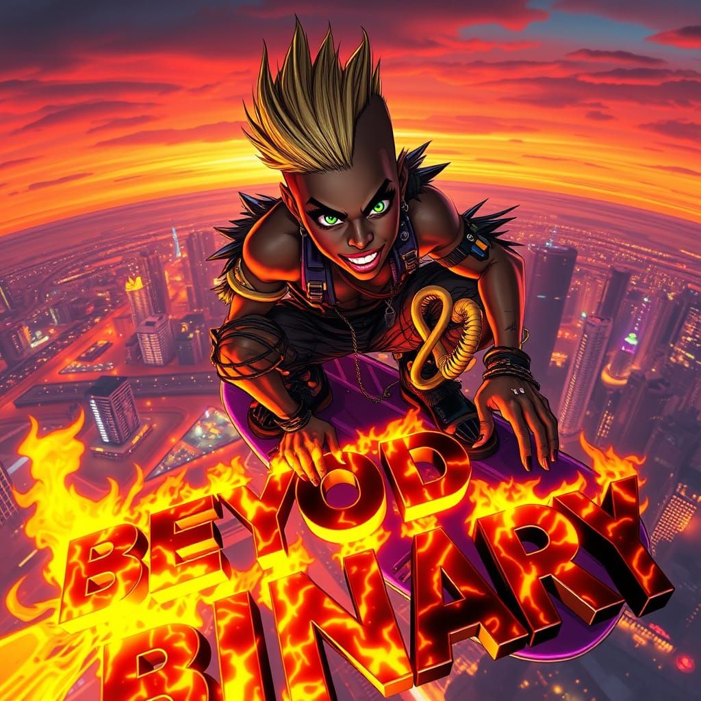 Nonbinary Hero Soars Above Neon Cityscape in Cyberpunk Style