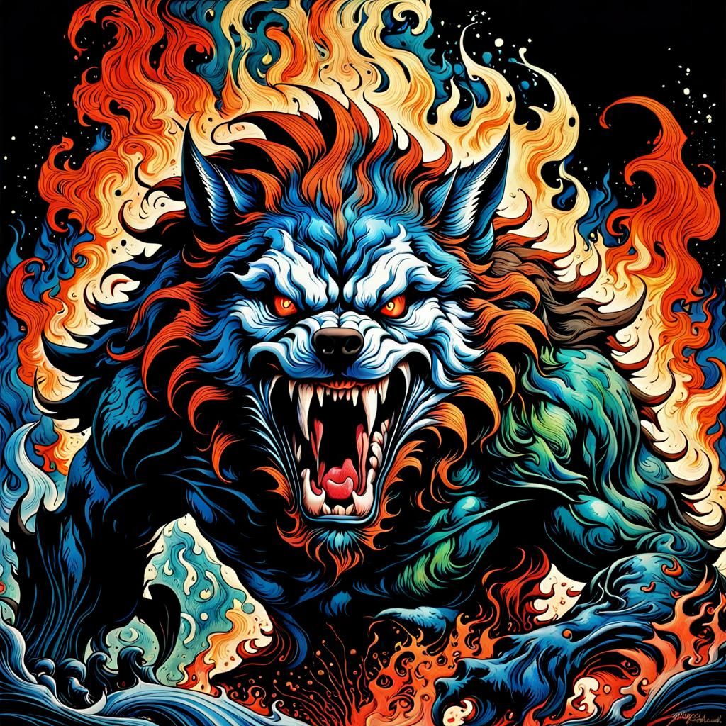 Furious Spectral Werewolf in Liquid Ink Style