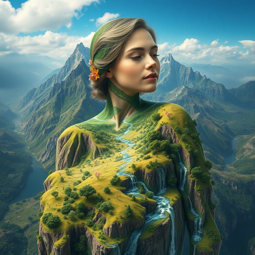 Woman Morphing into Topographic Map, Hyperrealistic 3D Art