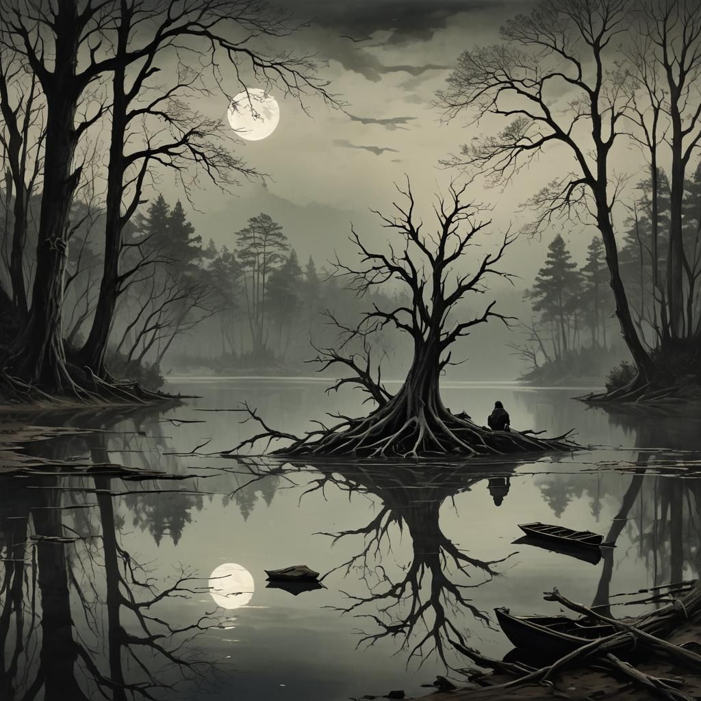 Contemplation by the Lake: Impressionist Dark Landscape